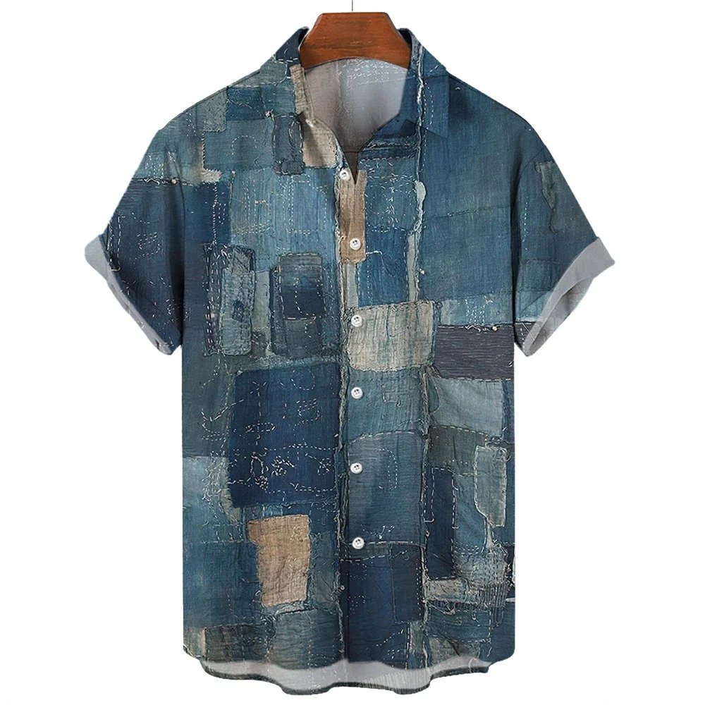 Men's Summer New Style Shirts Women's Fashion Make Old Patchwork Print Design Short Sleeve Loose  Button-Down Shirt Tops