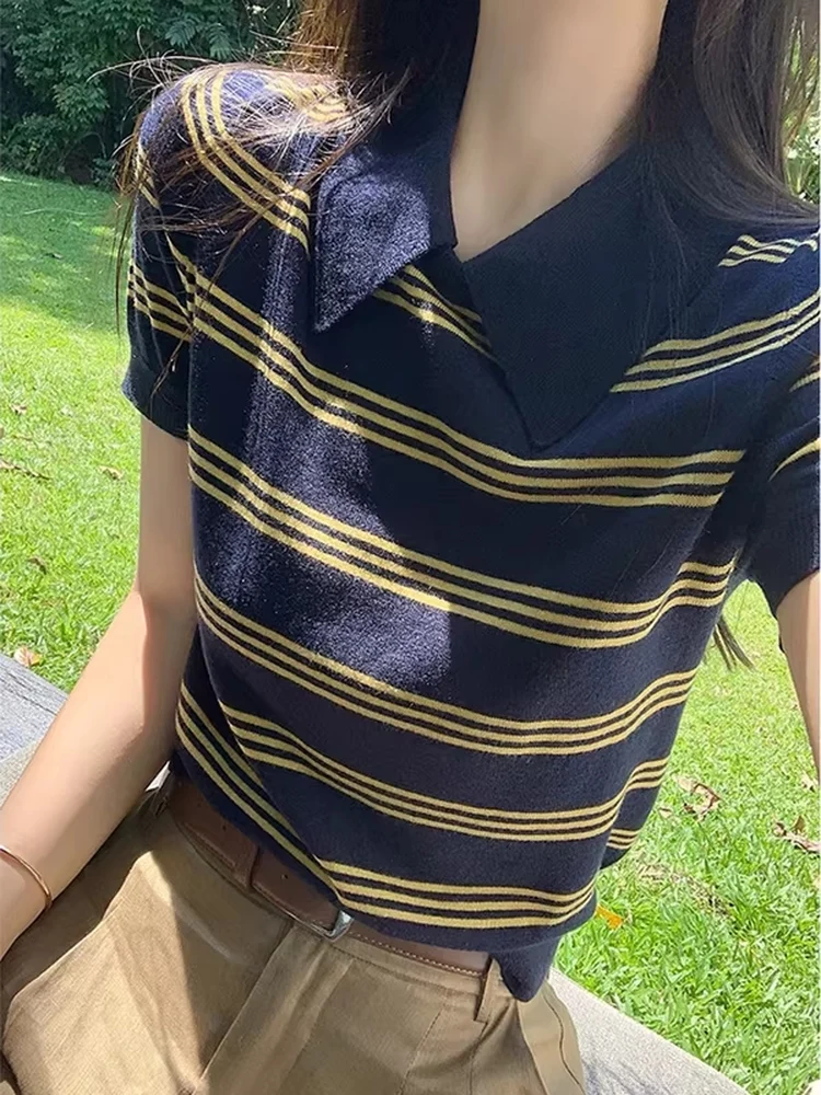 Summer Women's  Neck Short Sleeve T-Shirt Stripe Pattern Knitted High-End Feeling Regular Fit Commute Style Light Weight