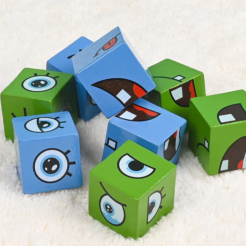 Cube Face Change Building Blocks Board Game Wood Puzzle Montessori Expression Wooden Blocks Blocos For Children Kids Toys Gift