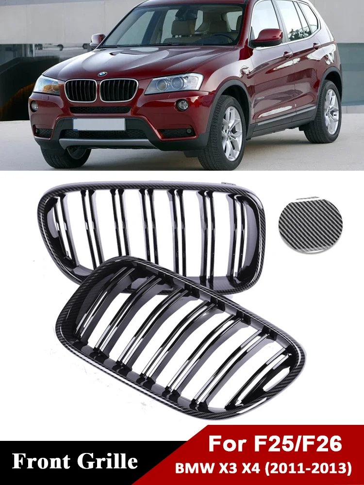 

For BMW X3 X4 F25 F26 2010-2013 Front Kidney Bumper Carbon Grill Cover Double Slat Black Racing Facelift Grille Replacement X3M