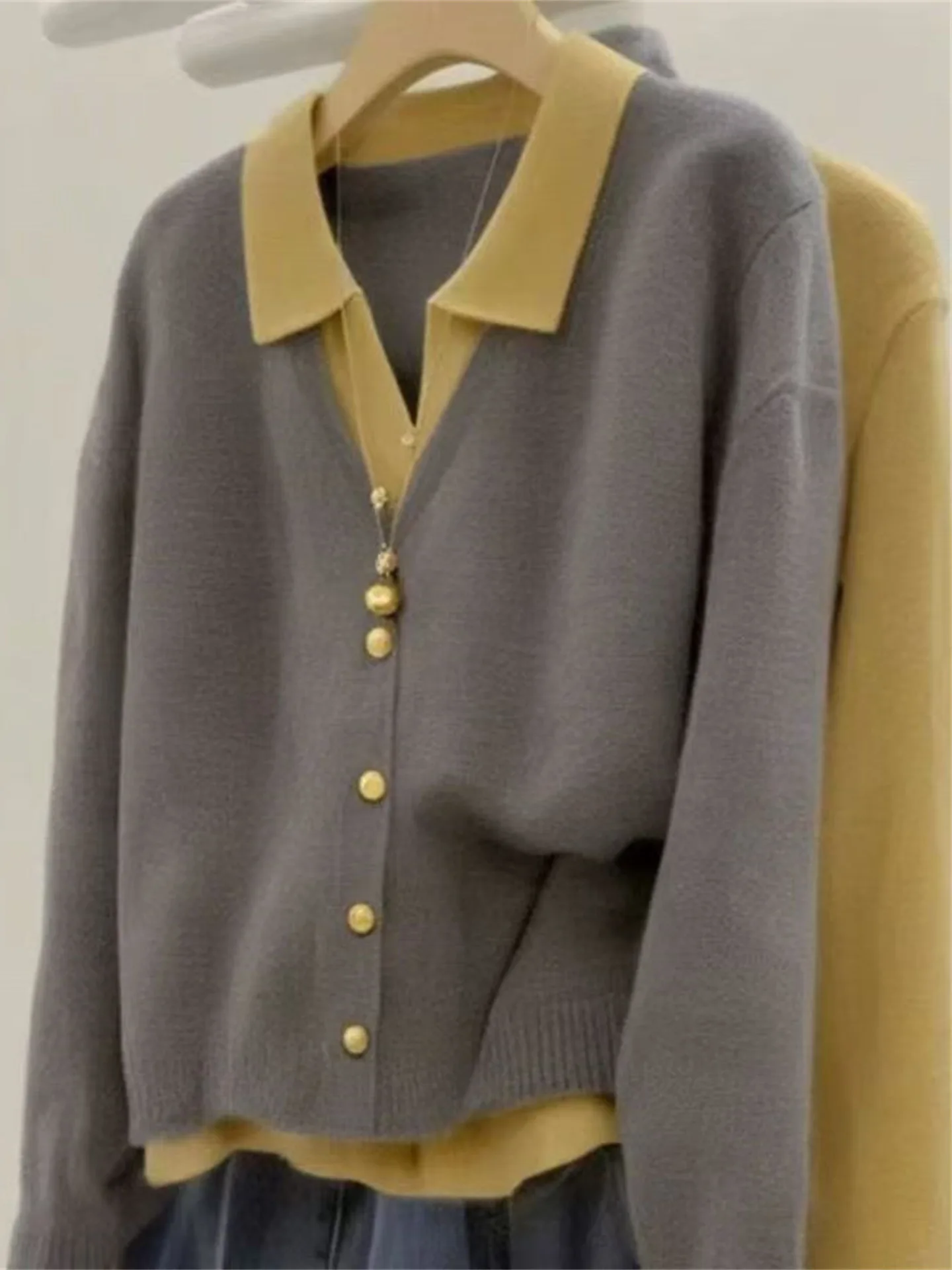 

Женский свободный вязаный кардиган с цветовыми блоками, утягивающий, с открытым передом, длинными рукавами, воротником хенли, осенний, модный, повседневный топ