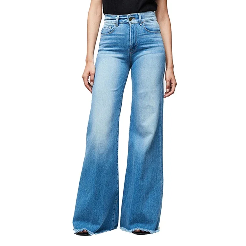 American retro high-waisted wide-leg jeans women spring and autumn crack washed loose look thin all draped straight trousers