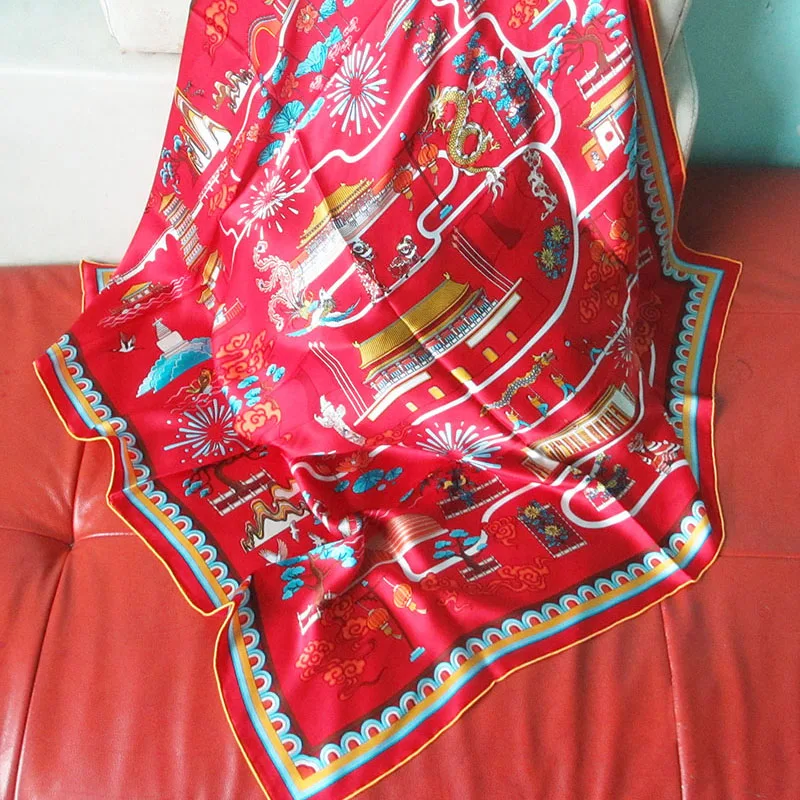 

90x90cm Square Pure Silk Scarf Women Designer Print Bandana Head Scarf Large 100% Real Silk Wraps and Shawls Femme Neckerchief