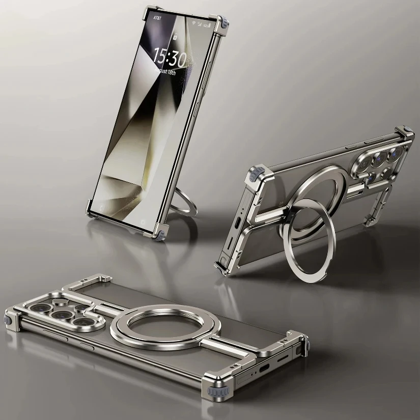 Magnetic Phone Case for Samsung Galaxy S24 Ultra Galaxy S24+ Galaxy S24 Aluminum Metal Phone Bumper with Finger Ring Holder