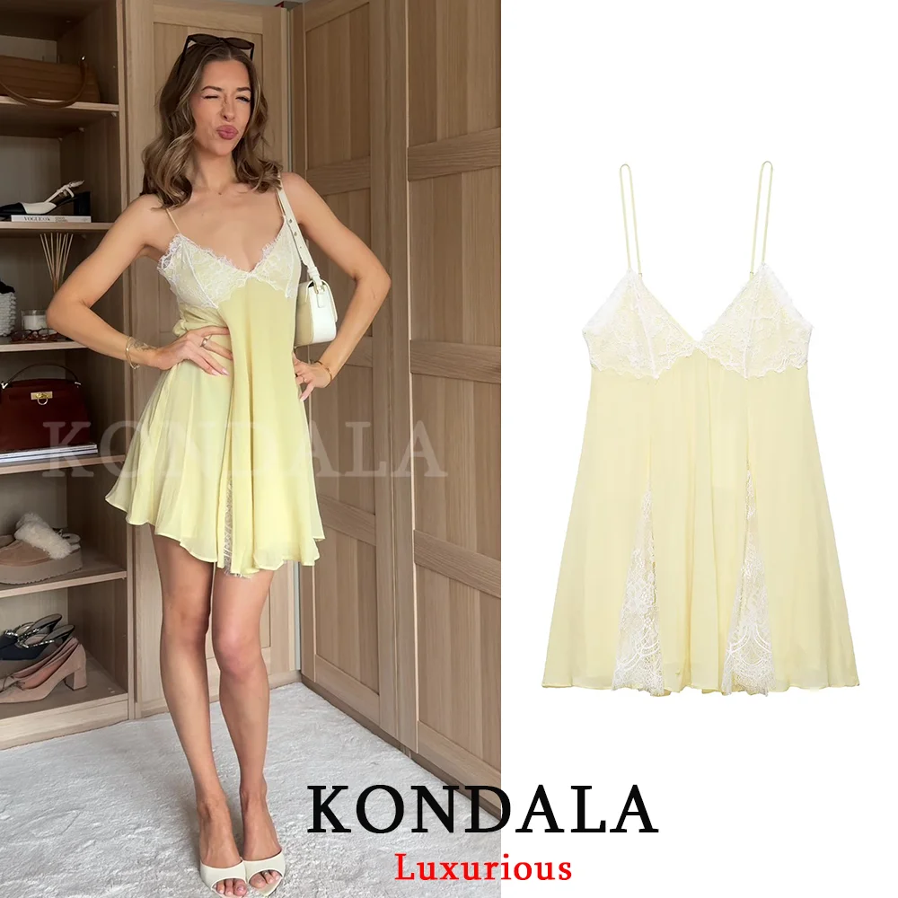 KONDALA Sexy Schickes Gelbes Damenkleid Einfarbiges Cami-Kleid Rückenfreies Spitzen-Kurzkleid Modisches 2026 Frühling Sommer Strand Urlaubskleid