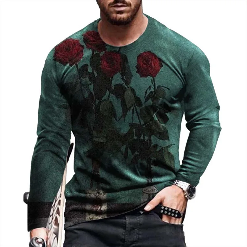 Rose Flower Print Men\'s Casual T-Shirts 6XL Large Size Long Sleeve Street Hip Hop Pullovers Tops O-Neck Spring Autumn Man Tees