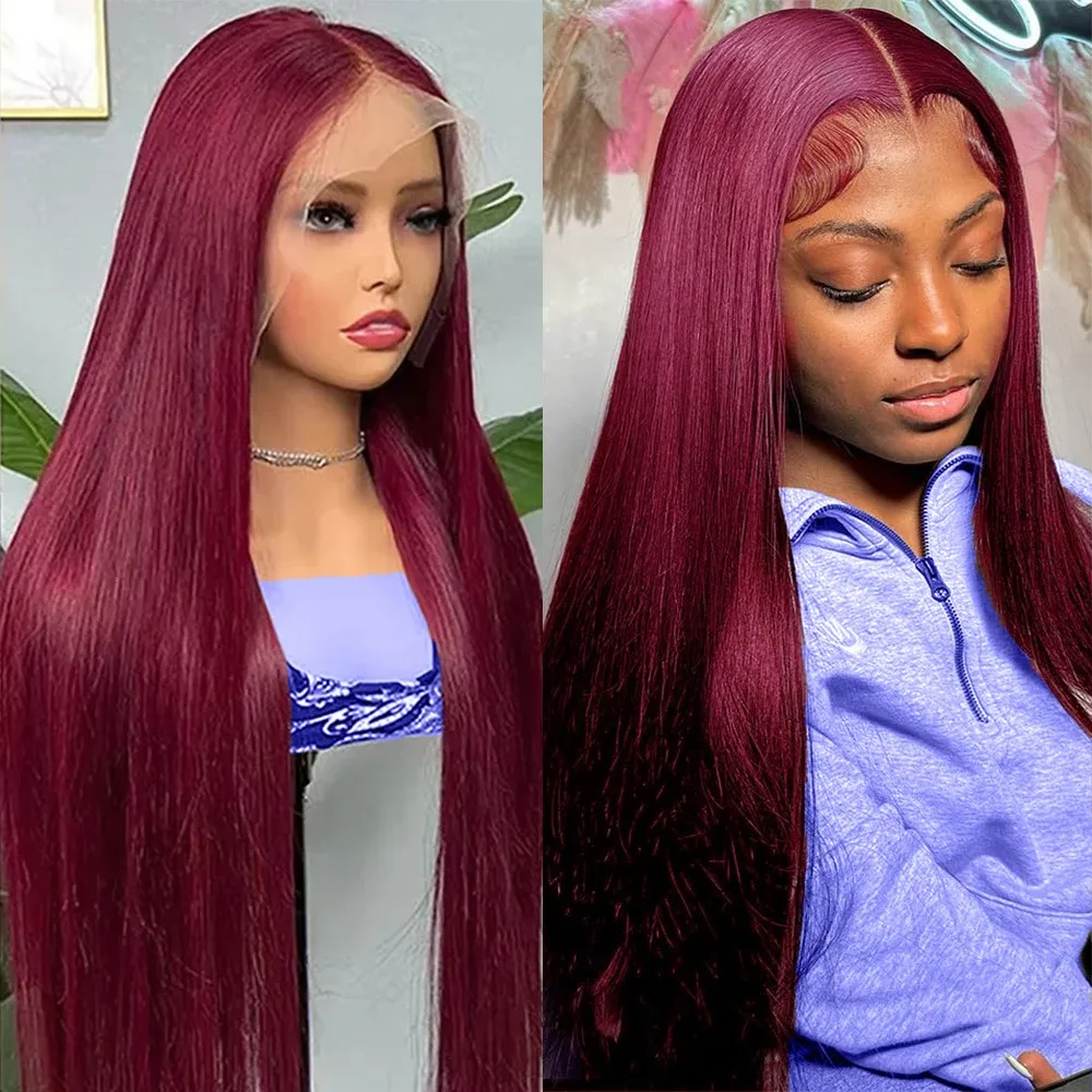 99j Burgund 13x6 HD Transparent Lace Frontal Perücke Rot 13x4 Gerade Lace Front Perücken Echthaar für Frauen vorgezupft 200 Dichte
