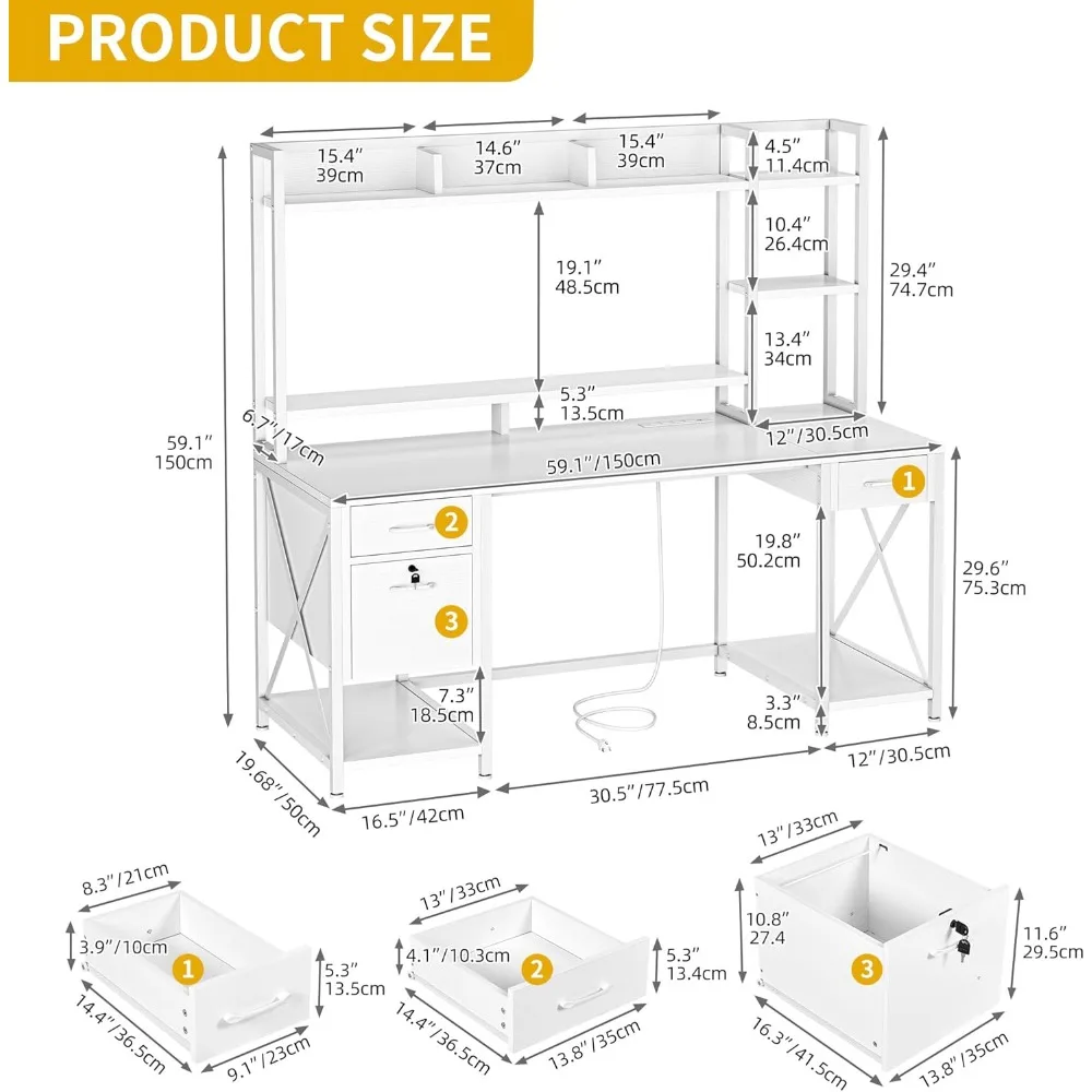Desk with Drawers, Hutch, Power Outlets, and LED Lights for Home Office with Storage Shelves