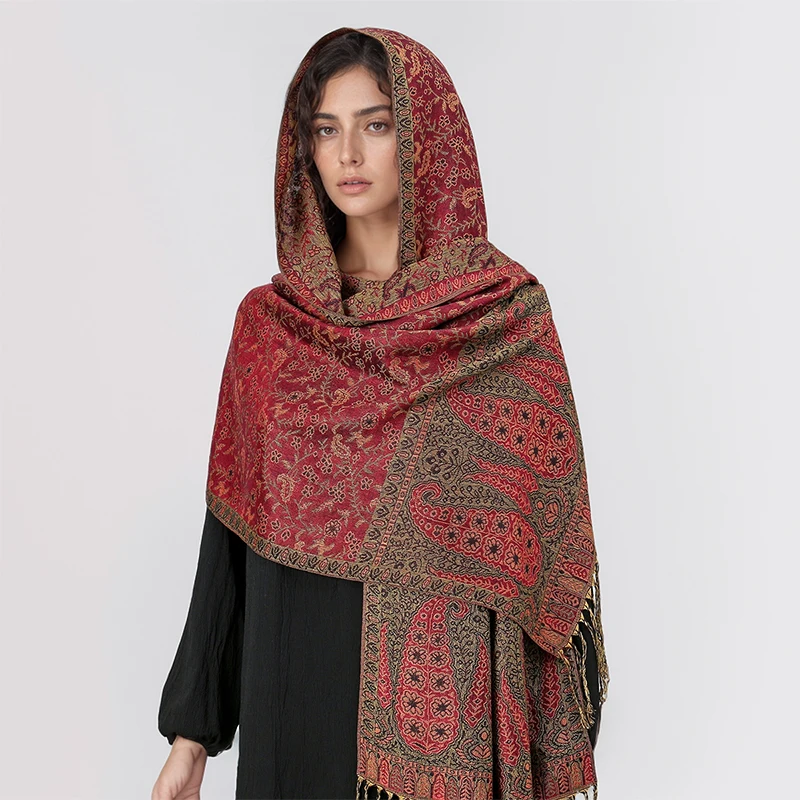 Paisley Pashmina Shawl Scarf Women Jacquard Cashew Printed Scarves Flowers Borders Female Tassel Blanket Wraps Ethnic Shawls