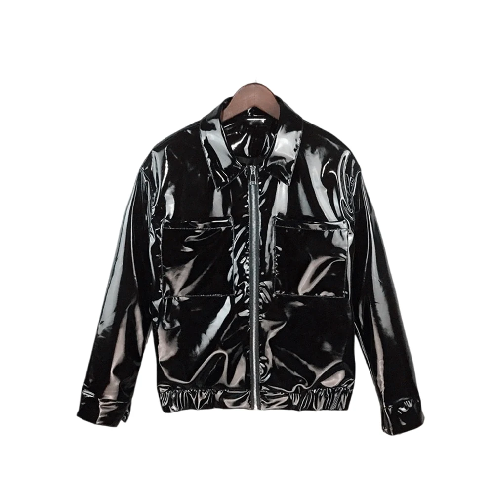 Glossy PVC Leather Jacket for Men, Punk Moto,Male Turn-down Collar,Zipper Long Sleeve Coat,Stage Show Costume,Vinyl Clubwear