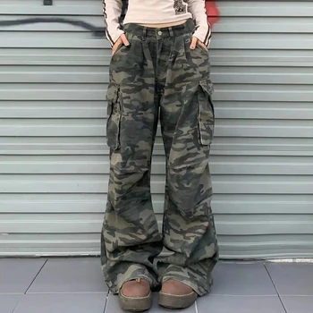 Pantalones vaqueros Cargo de camuflaje Y2K para mujer, pantalones de pierna ancha de Hip Hop Vintage de cintura alta, ropa de calle para mujer, pantalones vaqueros rectos holgados