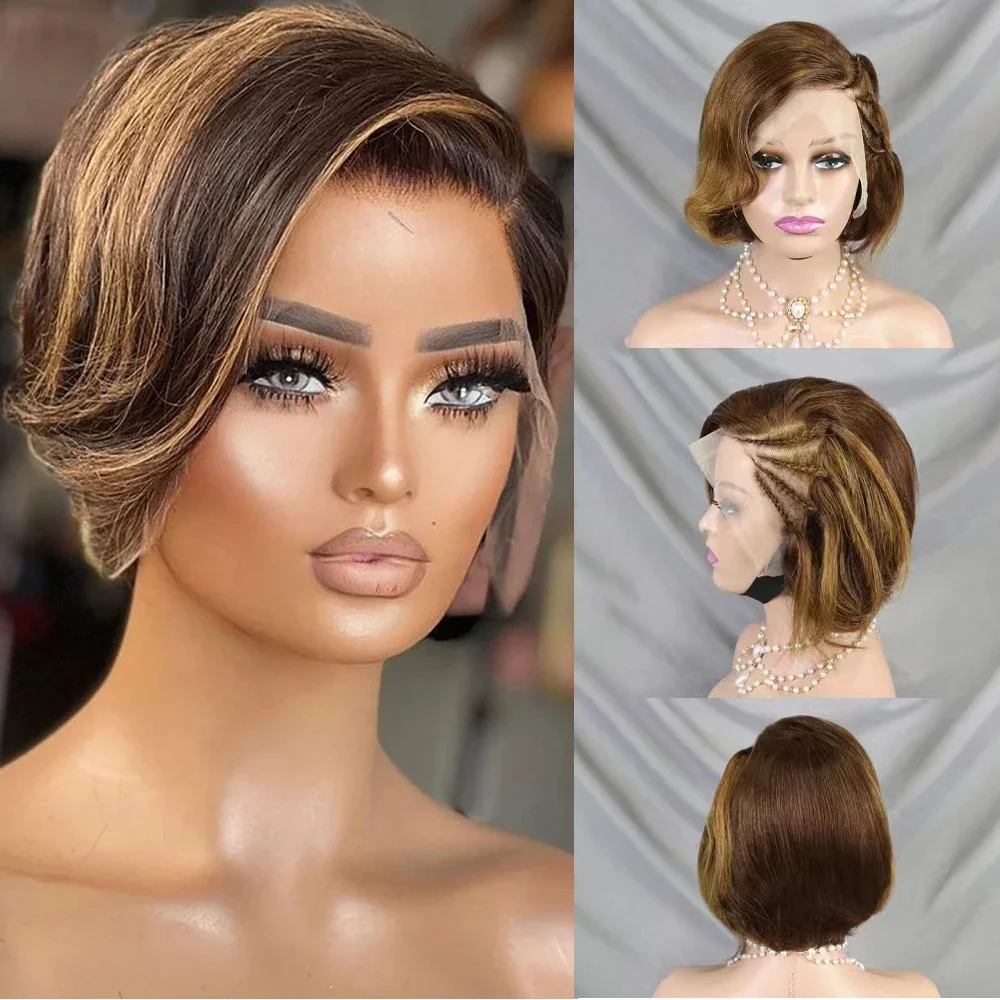 

13x4 Transparent Lace Pixie Cut Wigs for Women Straight Short Bob Wig Side Part Lace Wig Prepluck Brazilian Remy Human Hair