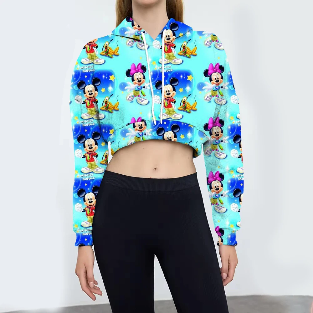 Women Cropped Sweatshirt Jacket Clothes Hoodies Women's Pockets Long Sleeve Pullovers Disney Minnie Mickey Mouse Female Tops