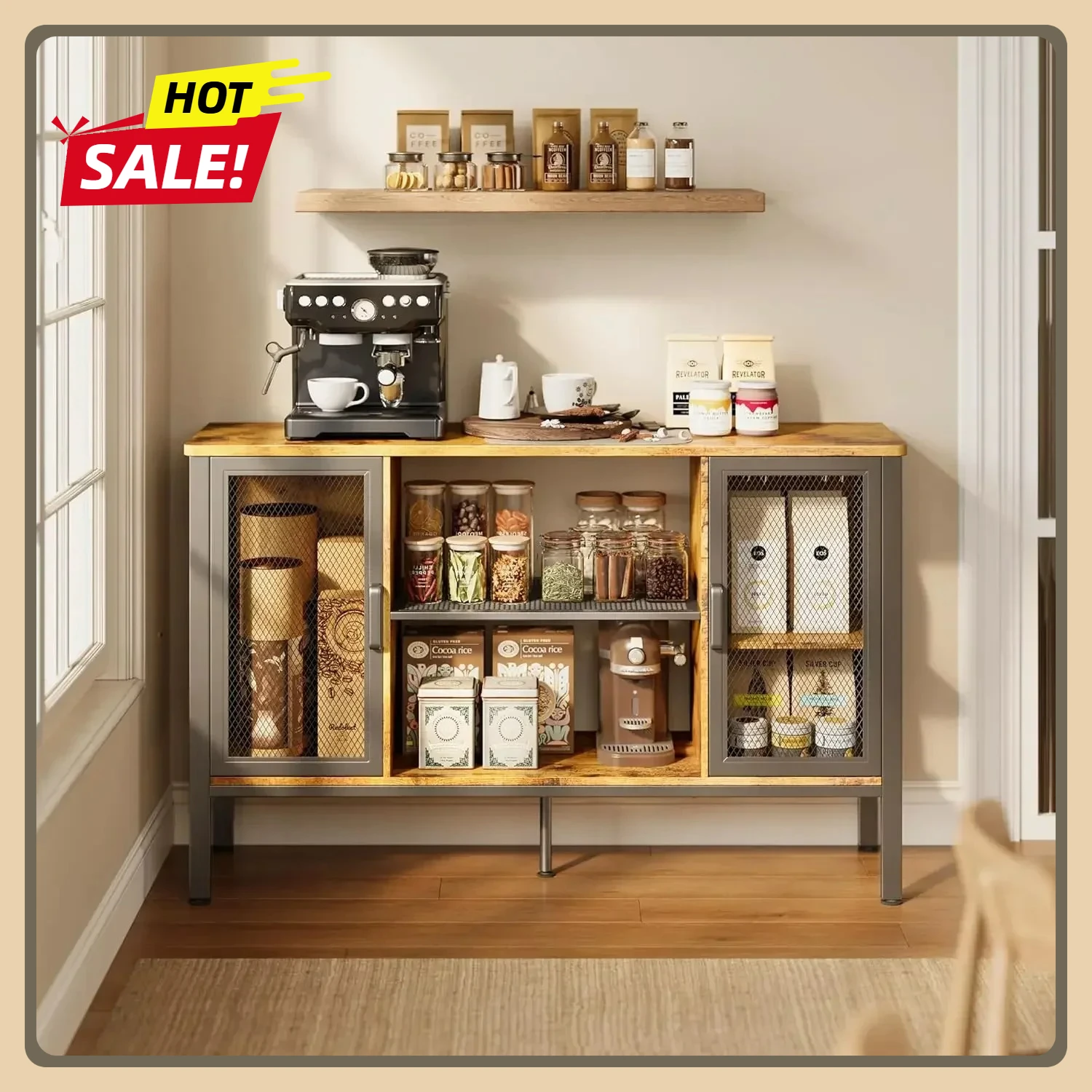 

Small Coffee Bar Cabinet with Storage and Wood Wine Cabinet for Kitchen Living Room, Farmhouse Sideboard Buffet Cabinet