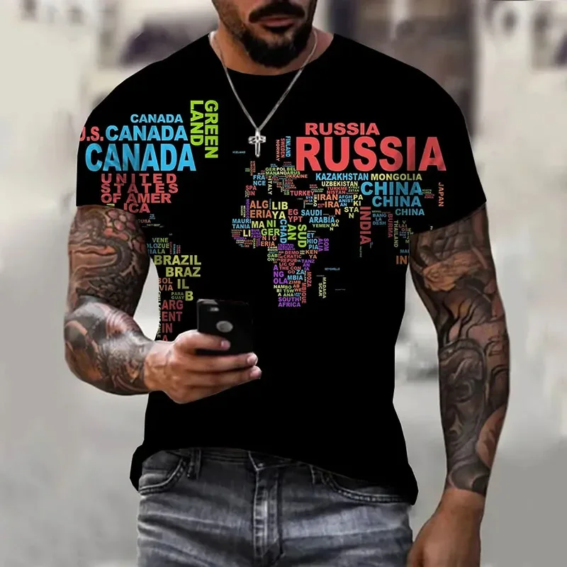 New Funny 3D Print World map Short Sleeve Tops Y2k Fashion O-neck Plus Size Streetwear Summer Casual Men's Clothing Tees