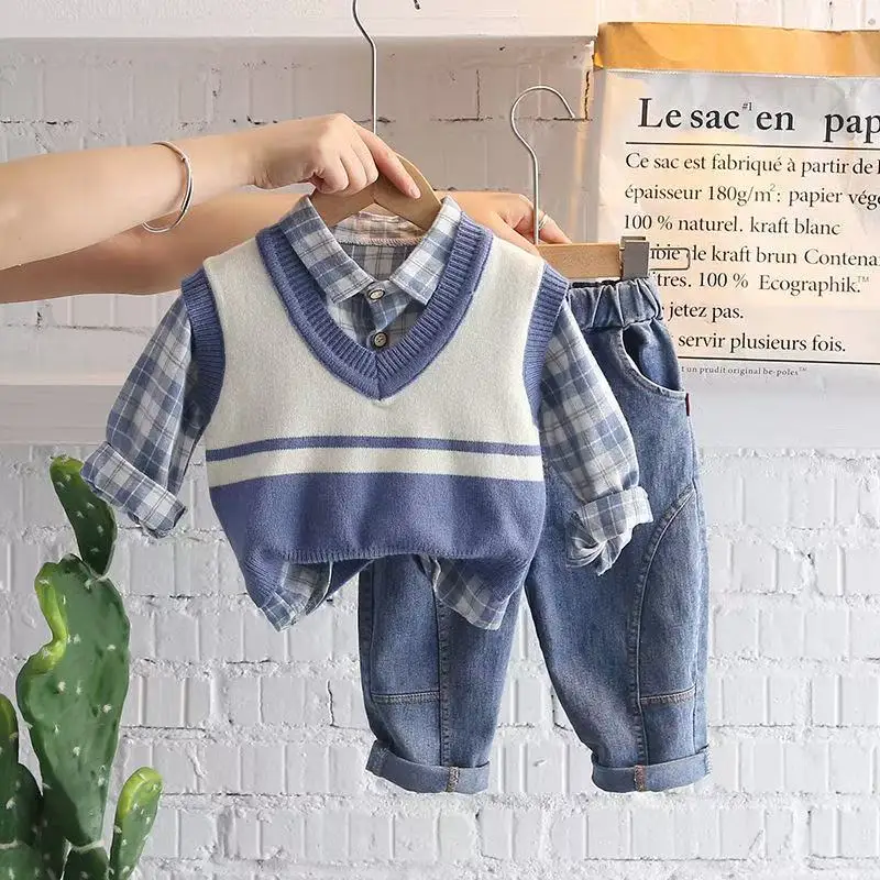 

New Spring Autumn Baby Clothes Suit Children Boys Fashion Plaid Shirt Vest Pants 3Pcs/Set Toddler Casual Costume Kids Tracksuits