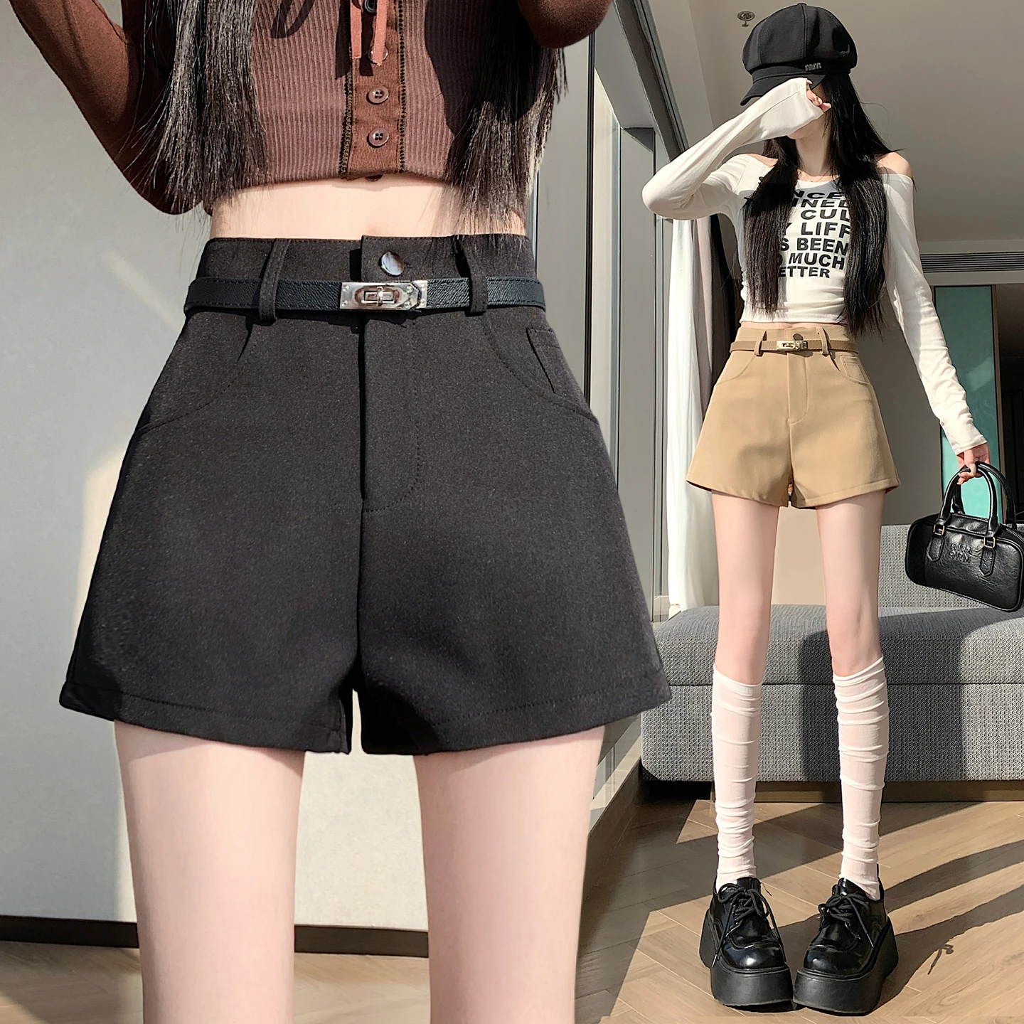 Y2K Short Pants Women Spring Korean Version Hong Kong Style Retro Simple High Waisted A Line Wide Leg