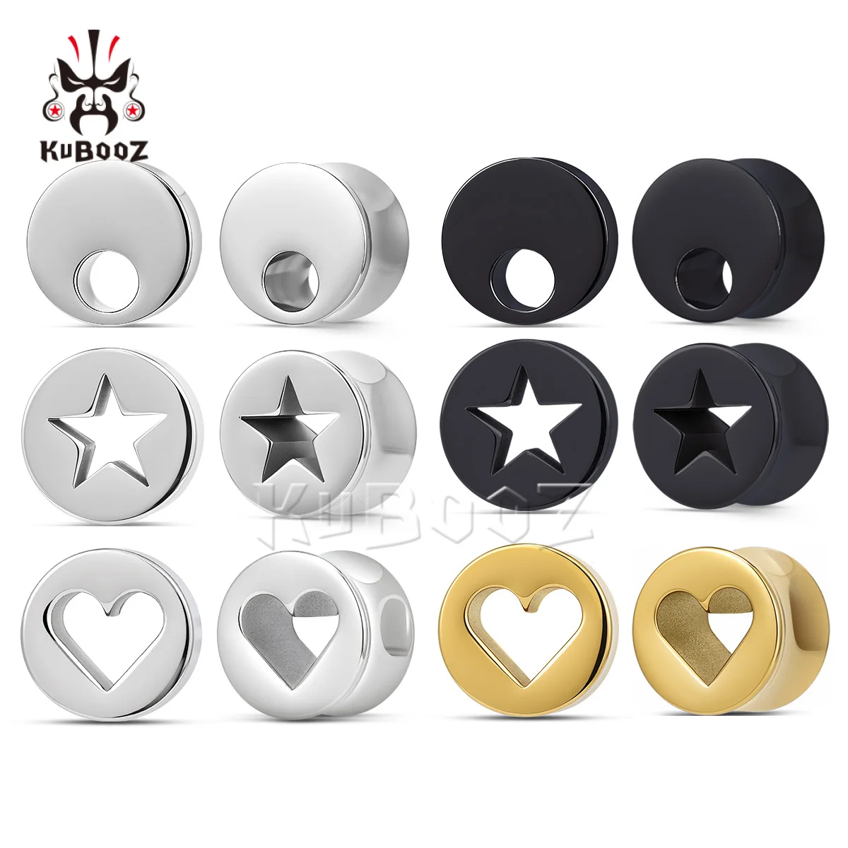 KUBOOZ Unisex Stainless Steel Hollow Geometric Ear Tunnel Plug Punk Piercing Ear Expander Stretchers Gauges 1 Pair
