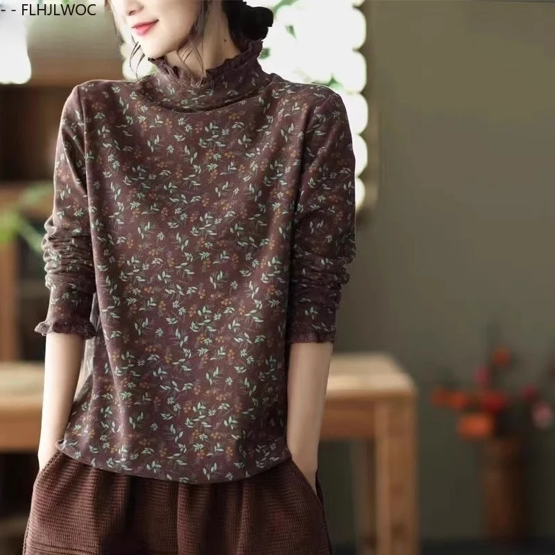Baumwolle Rollkragen Tops Bluse Frau Langarm Nette Süße Mädchen Blumen Druck Grundlagen Shirts Retro Vintage Floral Rüschen Top
