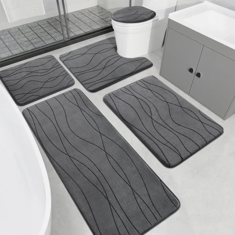 Memory Foam Grey Bathroom Rug Sets 5 Piece, Ultra Absorbent Bath Mat for Bathroom - Non-Slip Machine Washable & Dry Quickly