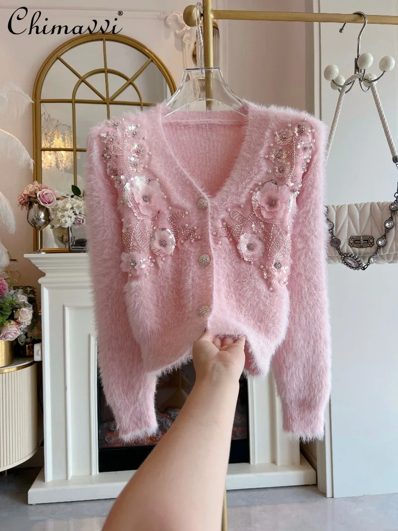 

Оригинальный норковый бархатный элегантный свитер-кардиган для женщин, осень-зима, новая мода, однобортный вязаный топ с v-образным вырезом и длинными рукавами