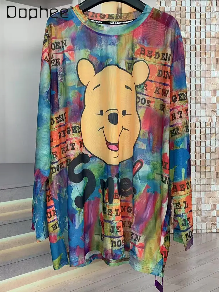 

Trendy brand mesh sunscreen top women's 2025 summer cartoon printing fashion large version long-sleeved T-shirt backing T-shirt
