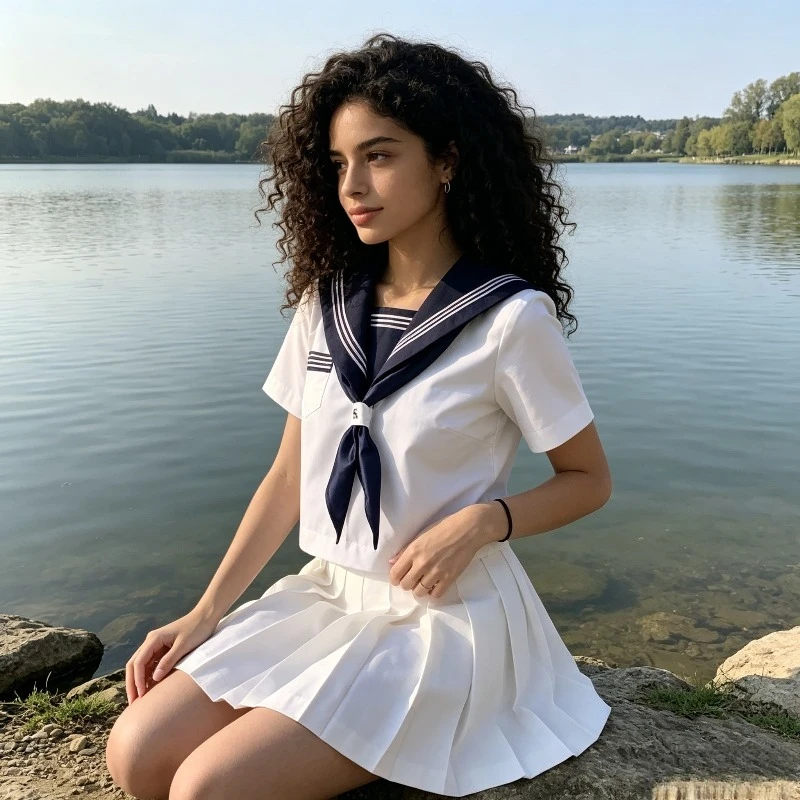 Japanese College Style Basic Sailor Suit Set with Blue Collar and White Three Book Design, Full Set of Energetic Student Uniform