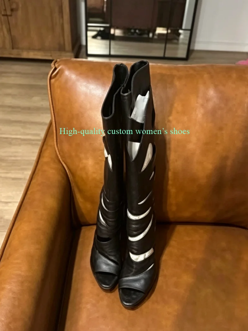 

Waterproof Platform Pointed Toes Stilettos Hollowed-out Instep Over-The-Knee Boots Beige Hollow Out Manual Luxury High Heels