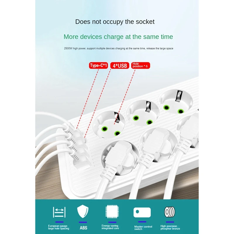 NEW-EU Multiprise 6AC Prises Prises Électriques Avec 4 USB 1 Type-C Filtre Réseau Charge Rapide EU Plug