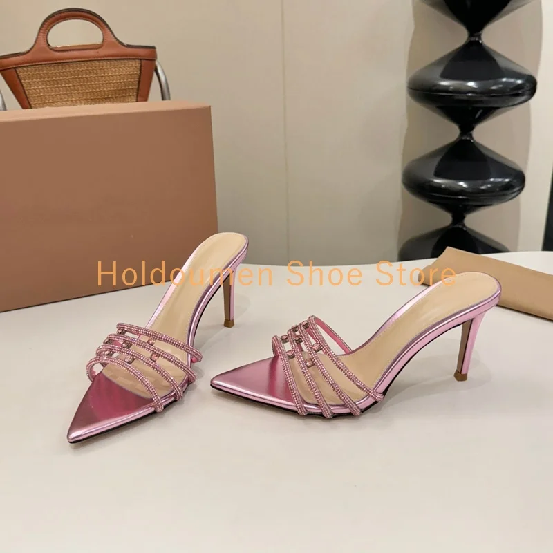

Summer Sweet Pink Stiletto Slipper Sexy Pointed Toe Diamond Encrusted Mule Slipper Summer Classics Slip On Sexy Dress Party Shoe