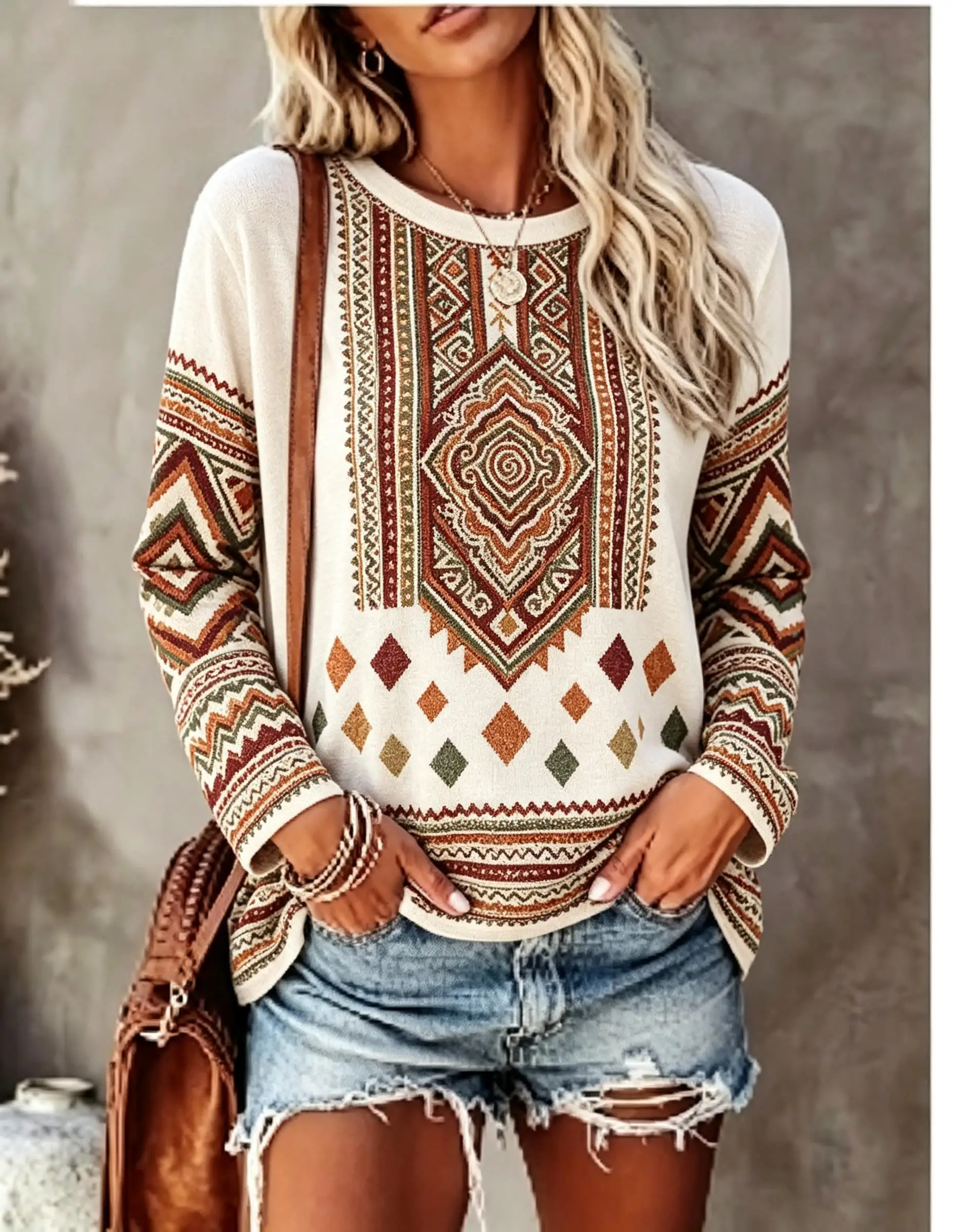 Women Crew Neck Long Sleeve T‑Shirt, Boho Aztec Ethnic Diamond Geometric Print Casual Loose Pullover Tops