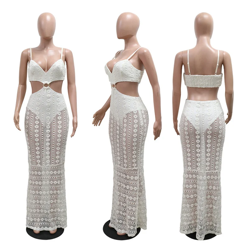 Abito lungo sexy a sirena con scollo a V e cinturino per spaghetti Abito lungo da donna senza maniche in maglia trasparente con cut-out Slim Fit Party Club Abiti lunghi da spiaggia