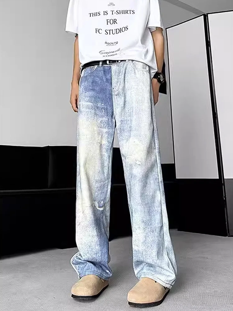 

Waed adient Dyed Men's Jeans American High Street Sle Straight Leg Bell Bot Trendy Design Casual Youth Faion