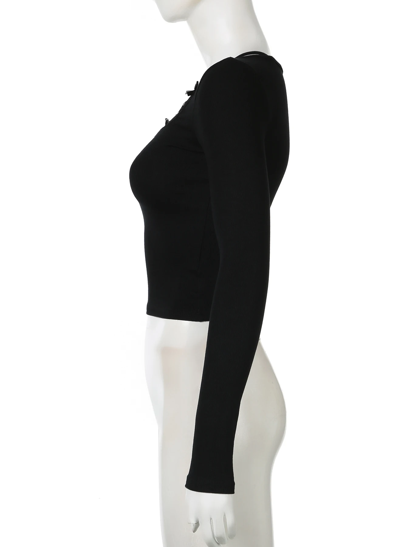 สีดําเสื้อลําลองลูกไม้Trim Halter Tเสื้อSlimสแควร์คอยาวแขนยาวTeesผู้หญิง 2025 ฤดูใบไม้ร่วงฤดูใบไม้ผลิแฟชั่นStreetwear