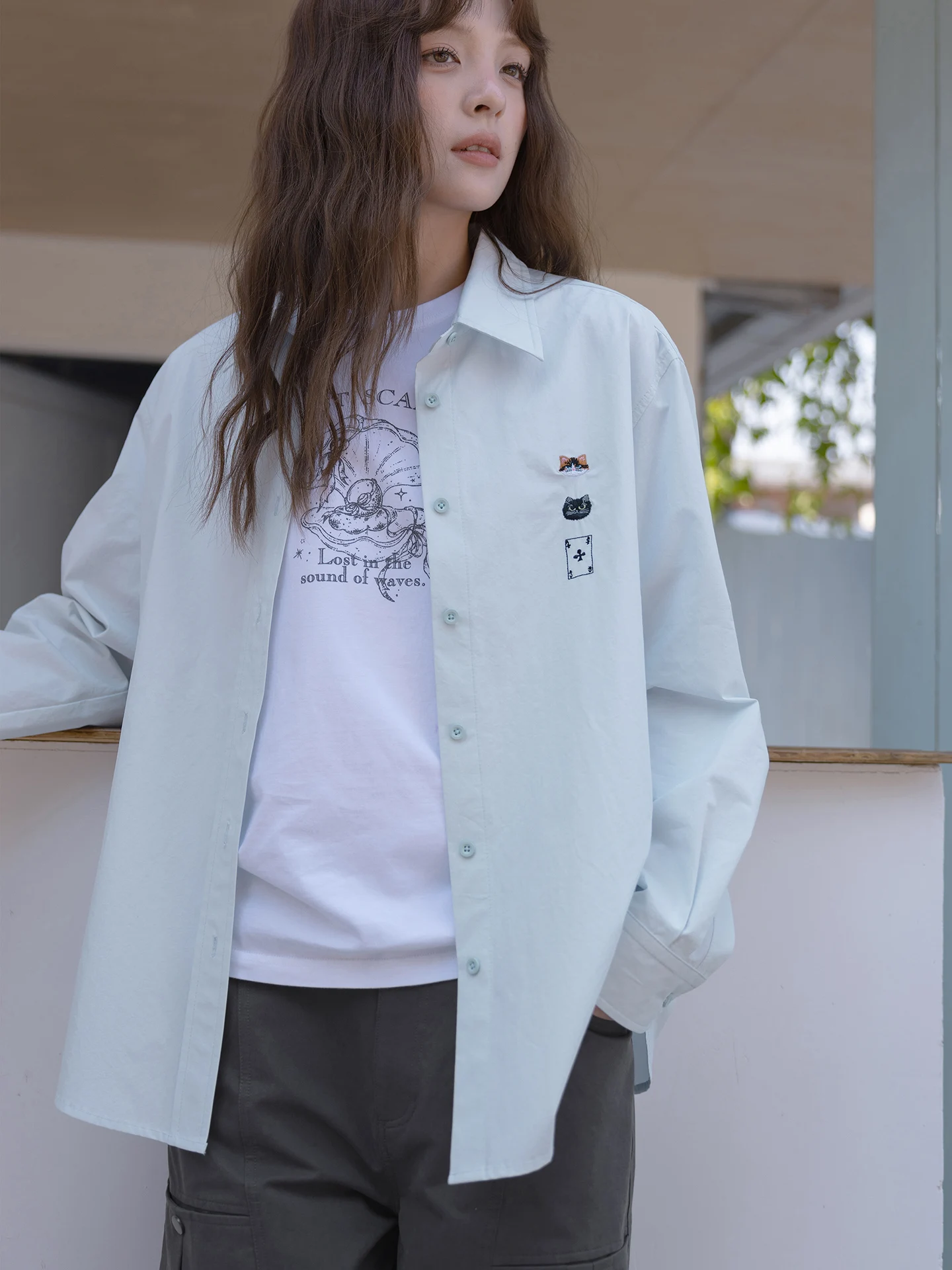 

Momolife Lightweight Blue Shirt Embroidered Design Cotton Long Sleeve Women's Summer Sun Protection Breathable Blouse