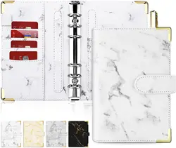 A6 Marble Budget Binder, Refillable 6 Ring Mini Binder for A6 Filler Paper, Leather Binder Cover with Magnetic Buckle Closure