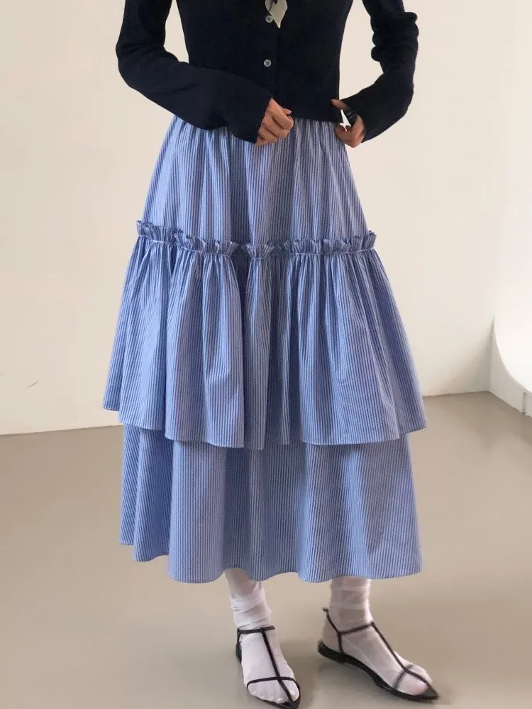 

Retro Double Layered f Skirt with Stripe Design A-Line for Women Summer New Sle Age Reduction Color Blo Long Skirt