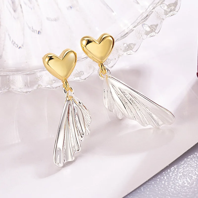 Color Blocking Heart-shaped Fish Tail Wings Earrings Fashion Versatile 925 Silver Earring Summer Light Luxury Earrings KOFSAC