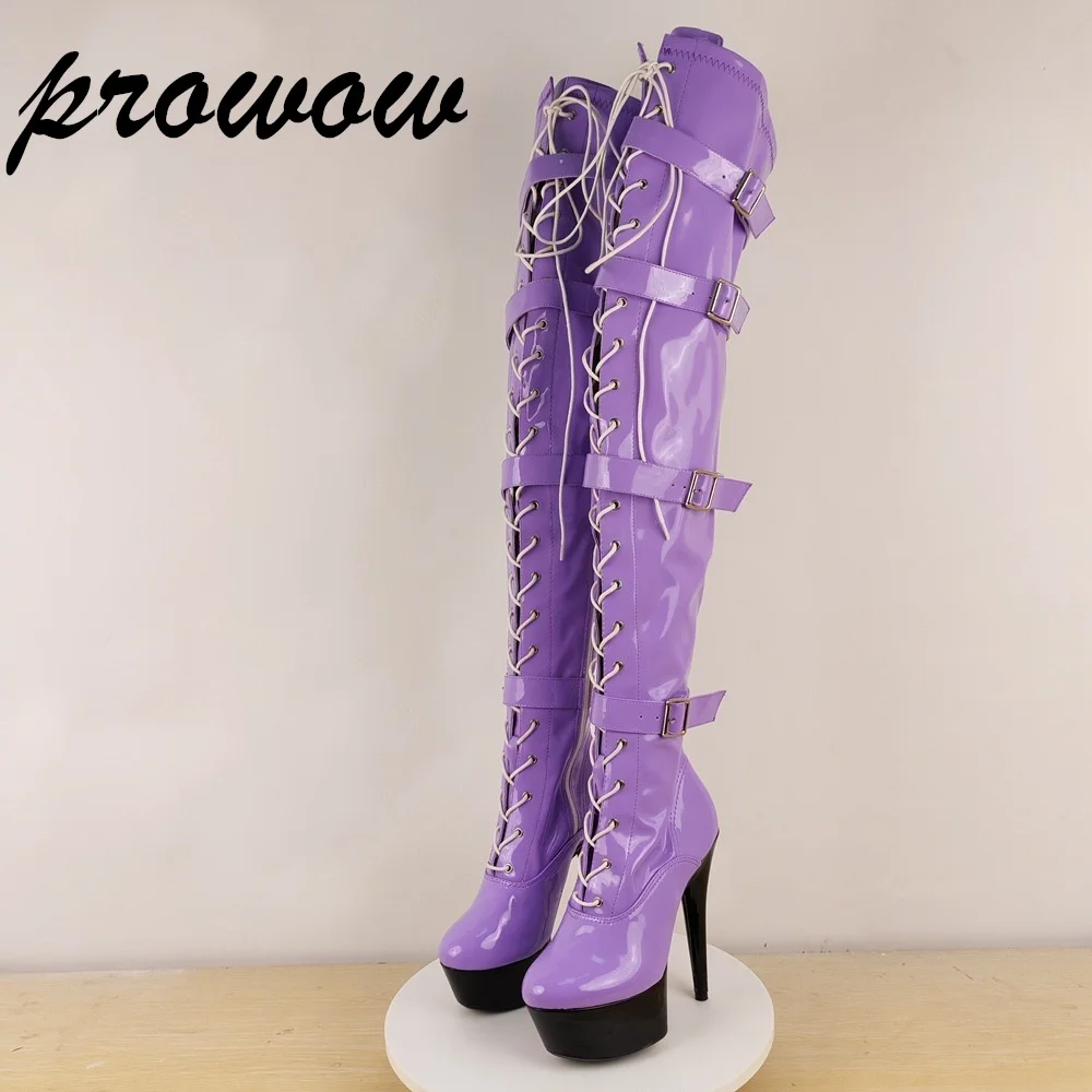 

Prowow фиолетовые сапоги выше колена на шнуровке на платформе 15 см, подиумный ремень с пряжкой, женская обувь для кроссдресса, экзотическая готи