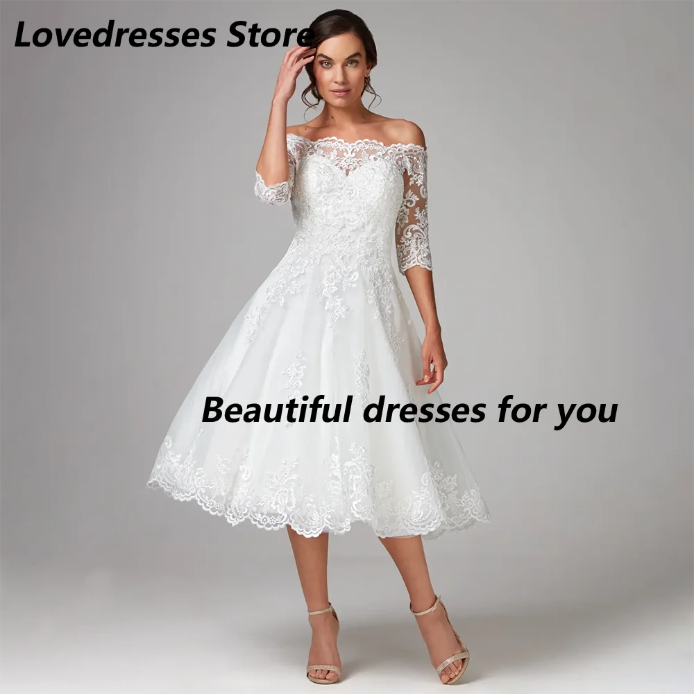 

Short Wedding Dresses Customized Off Shoulder Half Sleeves Boat Neck Lace Applique Tulle Bridal Gown A Line Bridal Dresses 2025