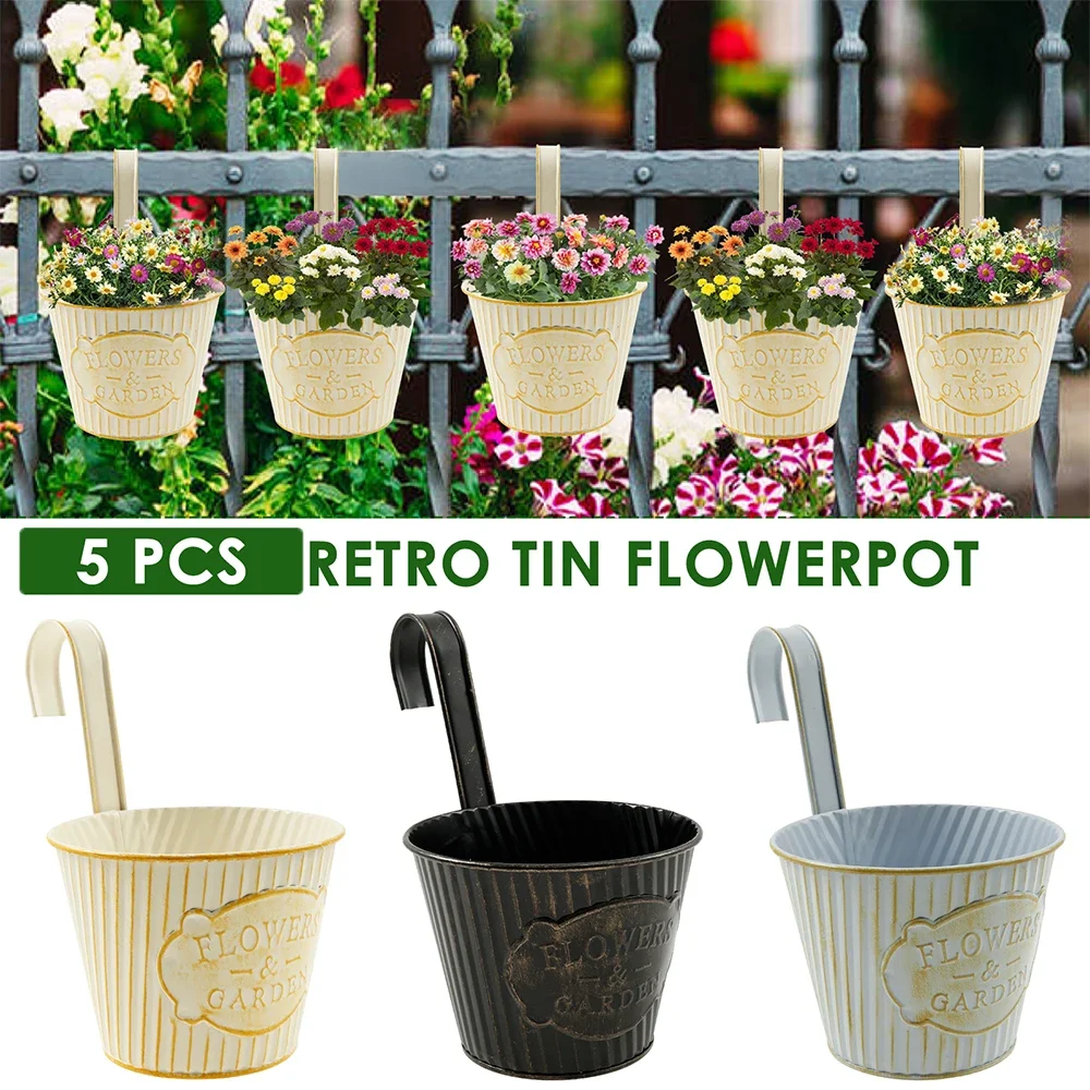 5Pcs Metal Hanging Flower Pot Outdoor Round Fence Hanging Planter Pot with Drainage Hole and Removable Hook Garden Decoration