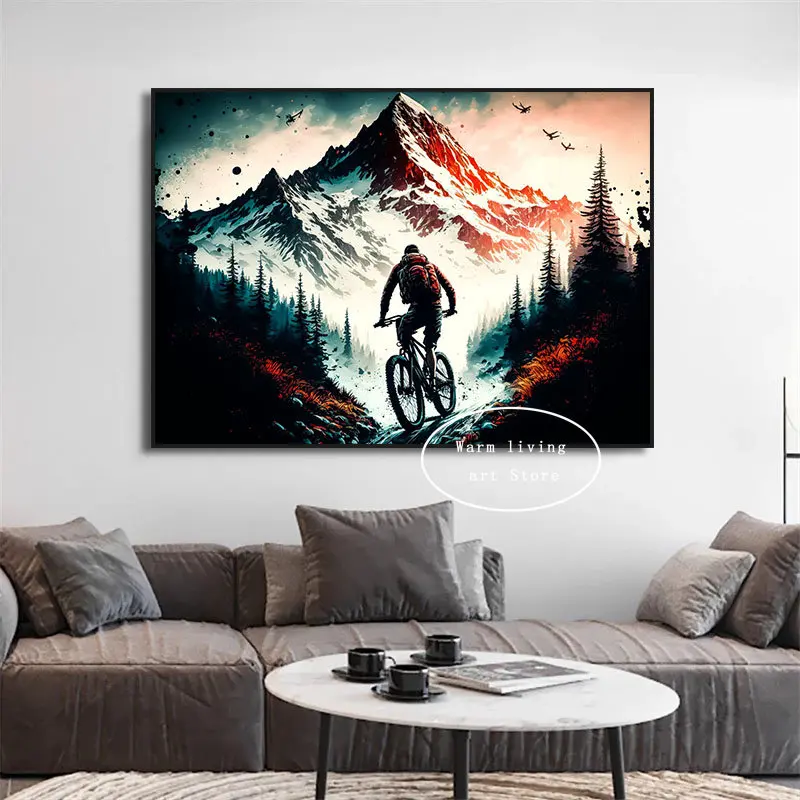 Sport Mountain Bike Riding Canvas Painting MTB Wall Art Picture Abstract Retro Travel Landscape Mountain Biker Poster Home Decor