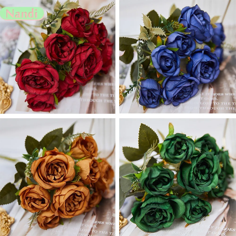 Vintage 8 Köpfe Künstliche Blume Seide Pfingstrose Goldene Rose Ornament Gefälschte Blume Hochzeit Tisch Party Bouquet DIY Home Decor