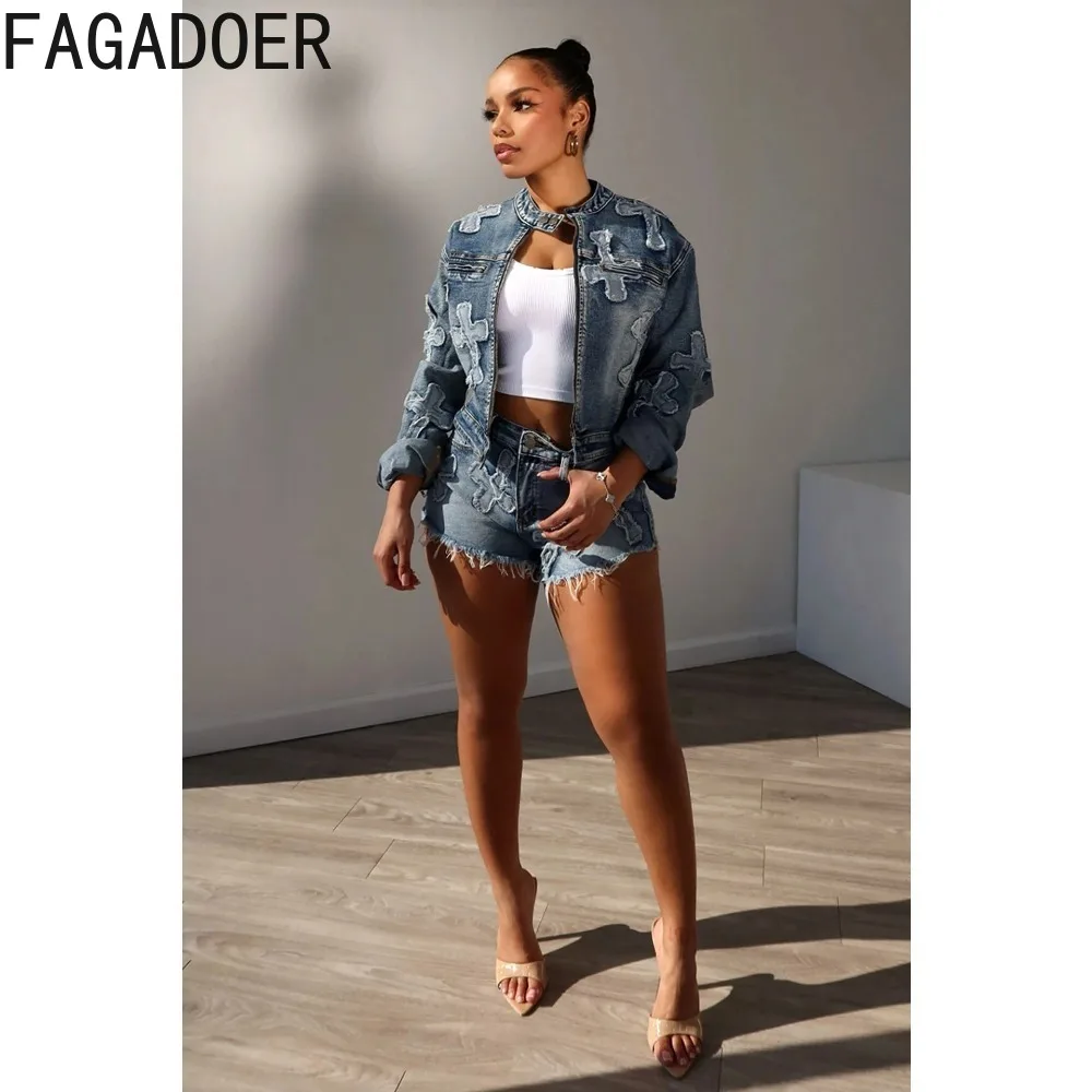 FAGADOER-Conjunto de dos piezas con bordado vaquero para mujer, abrigo de manga larga con cremallera y pantalones cortos, traje de 2 piezas