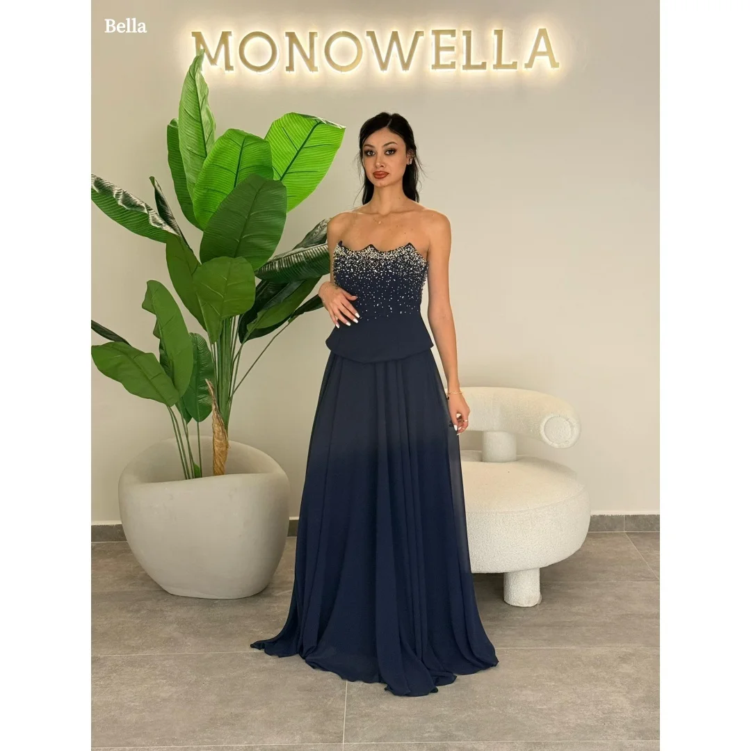 

Bella Индивидуальные темно-синие халаты без бретелек для вечеринок, расшитые бисером бюстье, вечерние платья, многослойная шифоновая юбка трапециевидной формы, длиной до пола, для выпускного вечера