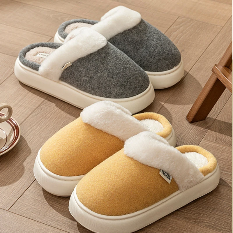 Winter Home Thick Bottom Plush Warm Cotton Slides Simple Comfort Soft Non Slip Couple Slippers Indoor Faux Suede Floor Slippers