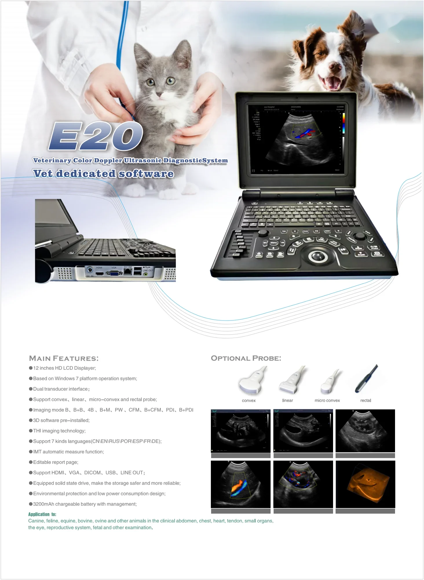 E20 Color Doppler Diagnostic System Veterinary Ultrasound Machine Pet Colour Entry Level Portable Ultrasound Machine