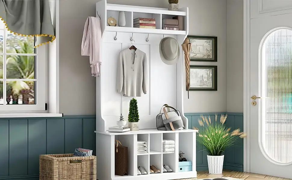 3-in-1 Hall Tree with 6 Hooks & Storage Bench, Entryway Coat Rack, 39.4IN White Organizer for Hallway