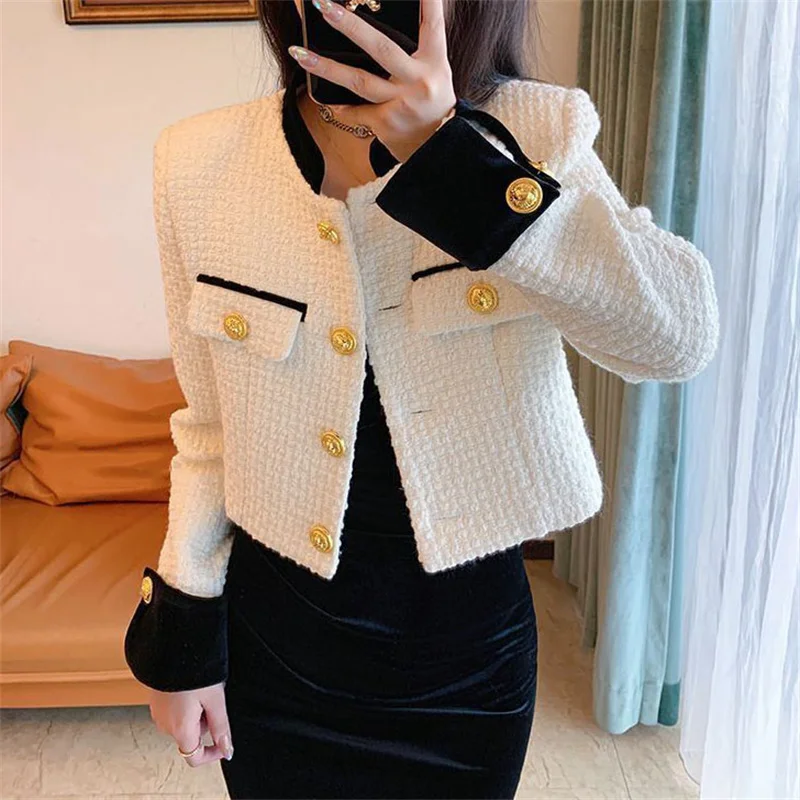 Tweed Jacket  Women New 2024 Autumn Patchwork Single Breasted Solid Color Short Casual Korean All-match Wool Coats Ladies Tops