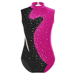 4-16Y Girls Ballet Dance Figure Skating Rhythmic Gymnastics Acrobatics Leotard Sleeveless Rhinestone Mesh Bodysuit Dancewear